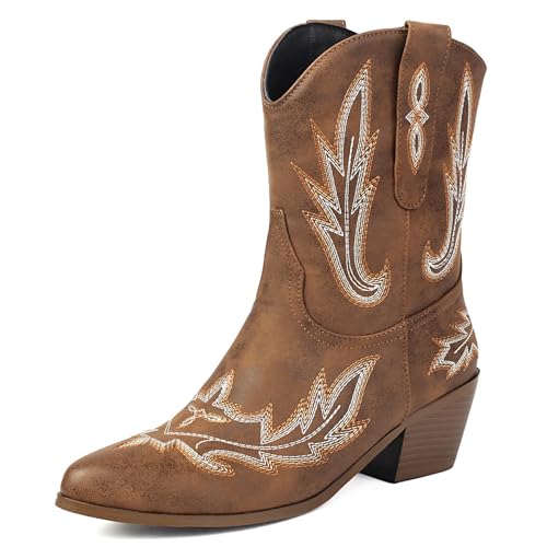 Klarmar Damen Western Cowboystiefel Chunky Heel Stiefeletten Leisure Stiefeletten Weit Calf Stiefel Braun Gr 40.5 EU/42 von Klarmar