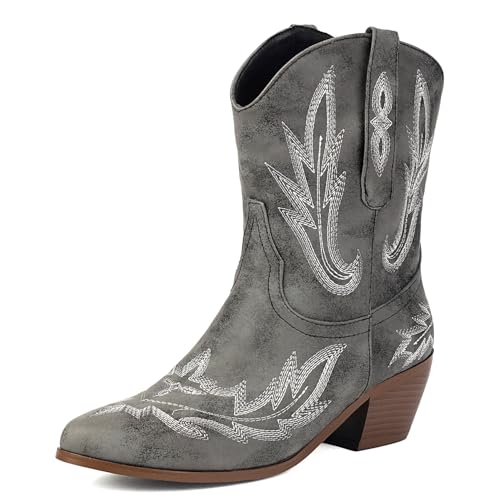 Klarmar Damen Western Cowboystiefel Chunky Heel Stiefeletten Leisure Stiefeletten Weit Calf Stiefel Grau Gr 36.5 EU/37 von Klarmar