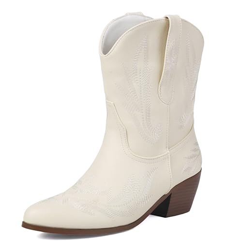 Klarmar Damen Western Cowboystiefel Chunky Heel Stiefeletten Leisure Stiefeletten Weit Calf Stiefel Weiß Gr 36.5 EU/37 von Klarmar