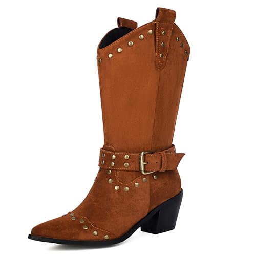 Klarmar Damen Wildleder Halbschaft Stiefel Pointed Toe Chunky Heel Leisure Weit Calf Cowboystiefel Braun Gr 36 EU von Klarmar