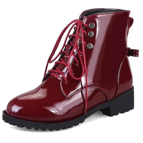 Klarmar Damen Winter Lack Combat Militarstiefel Runde Zehen Draußen Warm Block Mid Stiefel Bogentie Ankle Stiefeletten Rotwein Gr 40.5 EU/42 CN/26CM von Klarmar