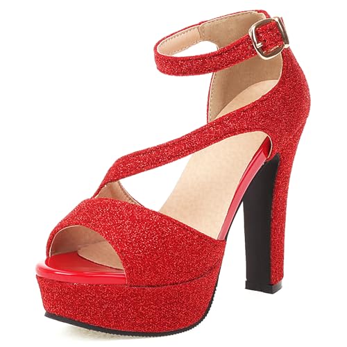 Klarmar Elegant Plateau Sandals Damen Peep Toe High Sandalen Abend Sandalen Knöchelriemchen Party Glitzer Rot Gr 33 EU von Klarmar