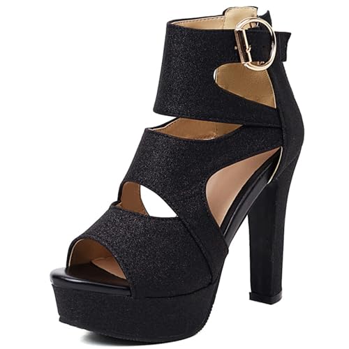 Klarmar Elegant Plateau Sandals Damen Peep Toe High Sandalen Abend Sandalen Knöchelriemchen Party Glitzer Schwarz Gr 32 EU von Klarmar