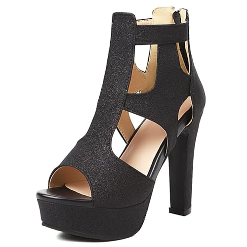 Klarmar Elegant Plateau Sandals Damen Peep Toe High Sandalen Abend Sandalen Knöchelriemchen Party Glitzer Schwarz Gr 40 EU/41 von Klarmar