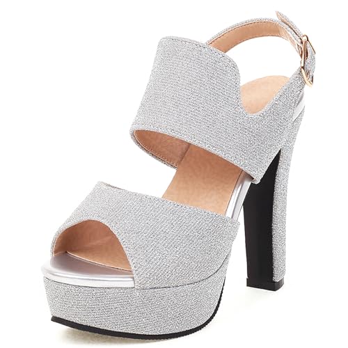 Klarmar Elegant Plateau Sandals Damen Peep Toe High Sandalen Abend Sandalen Knöchelriemchen Party Glitzer Silber Gr 40.5 EU/42 von Klarmar