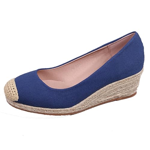 Klarmar Espadrille Keilabsatz Pump Damen Runde Zehen Leisure Ohne Verschluss Plateau Arbeit Block High Schuhe Blau Gr 40.5 EU/42 von Klarmar