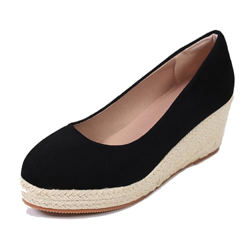 Klarmar Espadrille Keilabsatz Pump Damen Runde Zehen Leisure Ohne Verschluss Plateau Arbeit Block High Schuhe Schwarz Gr 40 EU/41 von Klarmar