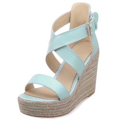 Klarmar Espadrille Keilabsatzs Damensandalen Offene Zeh Plateau Knöchelriemchen Leisure Strand Sandals Plateau Blau Gr 41 EU/43 von Klarmar