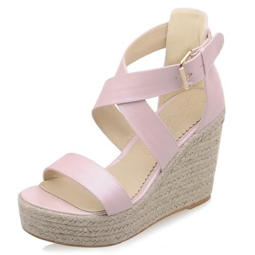 Klarmar Espadrille Keilabsatzs Damensandalen Offene Zeh Plateau Knöchelriemchen Leisure Strand Sandals Plateau Pink Gr 34 EU von Klarmar