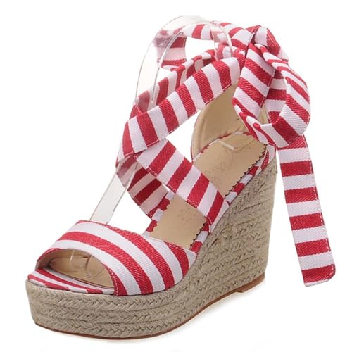 Klarmar Espadrille Keilabsatzs Damensandalen Offene Zeh Plateau Knöchelriemchen Leisure Strand Sandals Plateau Rot Gr 36.5 EU/37 von Klarmar