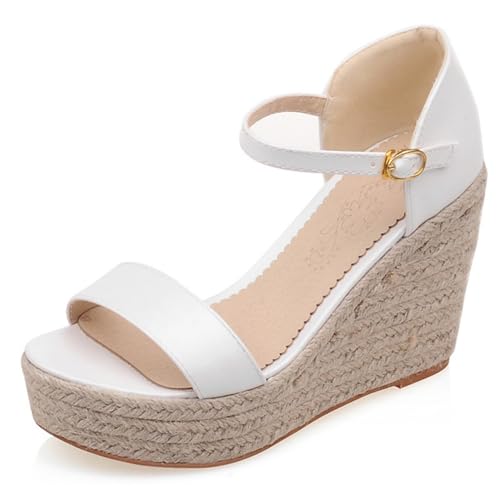 Klarmar Espadrille Keilabsatzs Damensandalen Offene Zeh Plateau Knöchelriemchen Leisure Strand Sandals Plateau Weiß Gr 40 EU/41 von Klarmar