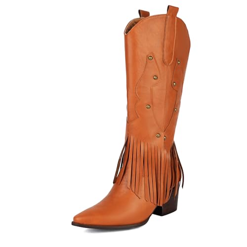 Klarmar Franse Westernstiefel Damen Blockabsatz Overknees Stiefel Cowboy Draußen Quasten Stiefel Reißverschluss Braun Gr 39 EU/40 von Klarmar