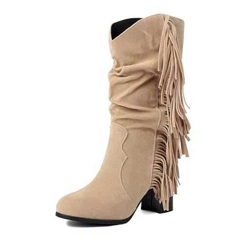 Klarmar Halbschaft Fransen Stiefel Damen Ohne Verschluss Wildleder Stiefel Leisure Aprikose Gr 41 EU/43 von Klarmar