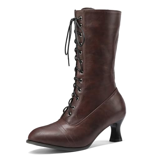 Klarmar Halbschaft Schnürstiefel Damen Retro Kitten Heel Stiefel Blockabsatz Runde Zehen Mid Stiefel Klassische Motorradstiefel Braun Gr 40 EU/41 von Klarmar
