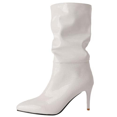 Klarmar Halbschaft Stiletto Stiefel Damen Elegant Pointed Toe Mittelhohe Stiefel Party Hochzeit Stiefeletten Ohne Verschluss Weiß Gr 42 EU/44 von Klarmar