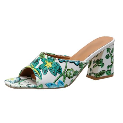 Klarmar Hausschuhe Pantoffeln Mules Damen Blockabsatz Print Sandals Offene Zeh Elegant Party Ohne Verschluss Sandals Heel Grün Gr 40 EU/41 von Klarmar