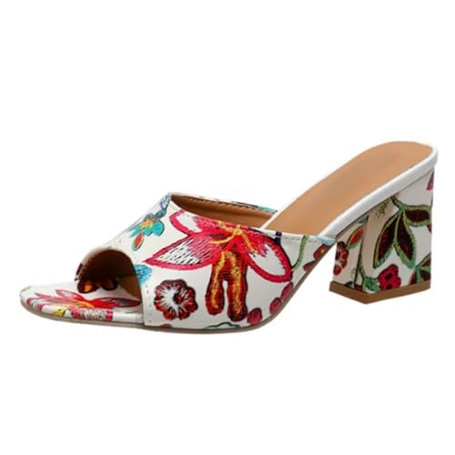 Klarmar Hausschuhe Pantoffeln Mules Damen Blockabsatz Print Sandals Offene Zeh Elegant Party Ohne Verschluss Sandals Heel Weiß Gr 40.5 EU/42 von Klarmar