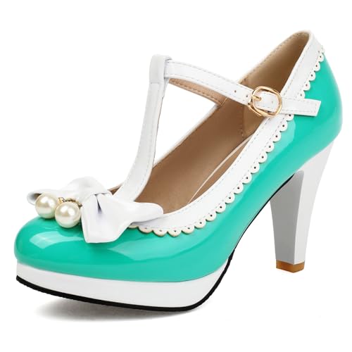 Klarmar Hochzeit Prom Pump Damen Platfrom High Schuhe Bogen Runde Zehen Party Pumps Hochzeit Mary Jane Ya-Grün Gr 38 EU/39 von Klarmar