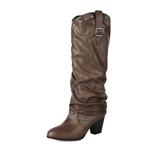 Klarmar Höhe Ferse Overknees Stiefel Damen Lockere Stiefel Elegant Ohne Verschluss Weit Calf Runde Zehen Elegant Anzugstiefel Braun Gr 35 EU von Klarmar