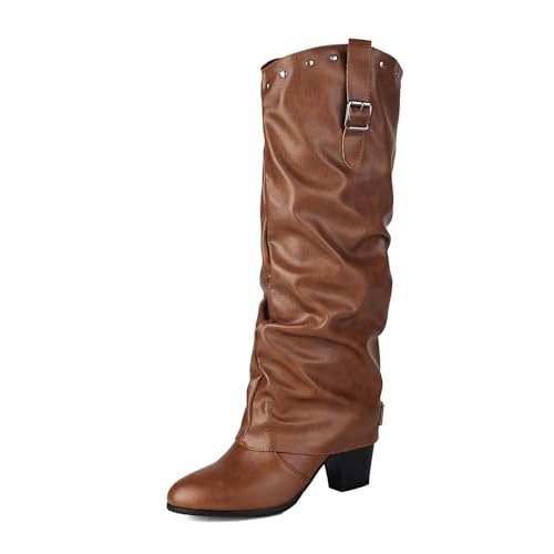 Klarmar Höhe Ferse Overknees Stiefel Damen Lockere Stiefel Elegant Ohne Verschluss Weit Calf Runde Zehen Elegant Anzugstiefel Gelb Gr 42 EU/44 von Klarmar