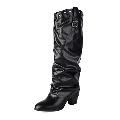 Klarmar Höhe Ferse Overknees Stiefel Damen Lockere Stiefel Elegant Ohne Verschluss Weit Calf Runde Zehen Elegant Anzugstiefel Schwarz Gr 42 EU/44 von Klarmar
