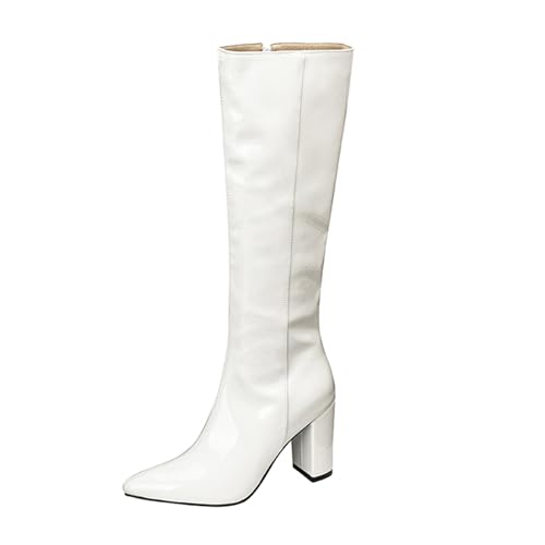 Klarmar Höhe Ferse Overknees Stiefel Damen Pointed Toe Partystiefel Pointed Toe Lack Elegant Party Hochzeit Kniehohe Stiefel Weiß Gr 42 EU/44 von Klarmar