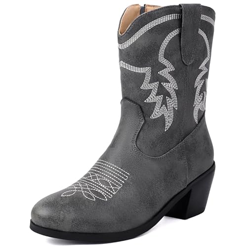 Klarmar Hohe Stiefel Damen Cowboy Westernstiefel Blockabsatz Mid Stiefel Reißverschluss Runde Zehen Blcok Heel Draußen Grau Gr 36.5 EU/37 von Klarmar