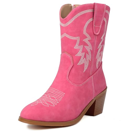 Klarmar Hohe Stiefel Damen Cowboy Westernstiefel Blockabsatz Mid Stiefel Reißverschluss Runde Zehen Blcok Heel Draußen Pink Gr 44 EU/46 von Klarmar