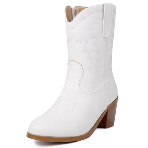 Klarmar Hohe Stiefel Damen Cowboy Westernstiefel Blockabsatz Mid Stiefel Reißverschluss Runde Zehen Blcok Heel Draußen Weiß Gr 41 EU/43 von Klarmar