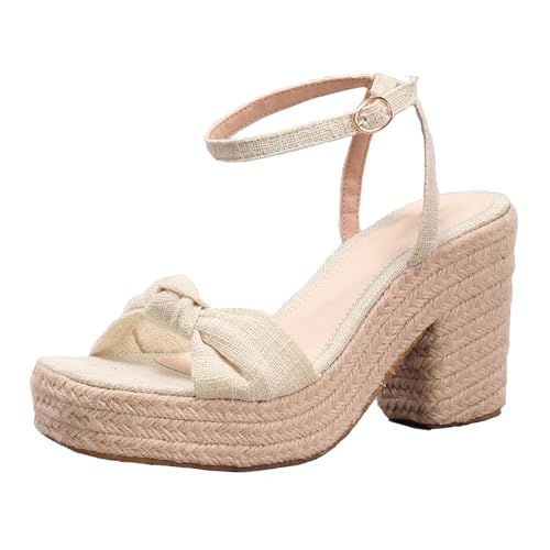 Klarmar Hohen Blockabsatz Espadrille Sandals Damen Offene Zeh Bogen Elegant Plateau Schuhe Knöchelriemchen Sommer Party-Sandales Beige Gr 37 EU/38 von Klarmar