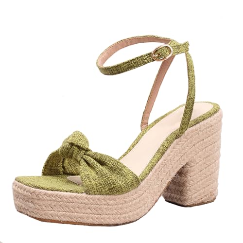 Klarmar Hohen Blockabsatz Espadrille Sandals Damen Offene Zeh Bogen Elegant Plateau Schuhe Knöchelriemchen Sommer Party-Sandales Grün Gr 36 EU von Klarmar
