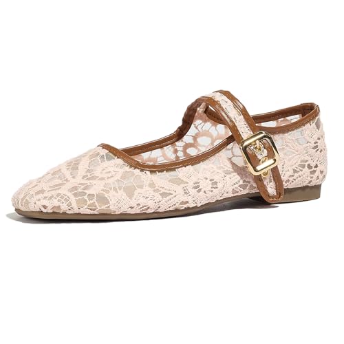 Klarmar Hollow Out Flach Schuhe Damen Square Toe Bride Mary Jane Embroidery Dolly Schuhe Prom Mode Party Pumps Aprikose Gr 36.5 EU/37 von Klarmar