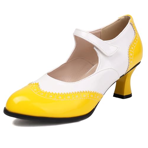 Klarmar Kitten Heel Mary Jane Damen Buro Low Schuhe Runde Zehen Mode Prom Mid Block Schuhe Gelb Gr 34 EU von Klarmar