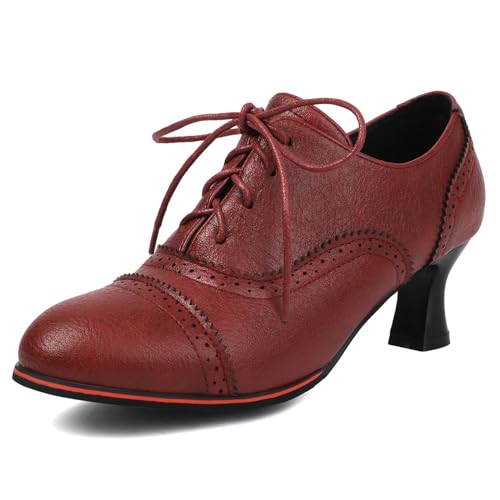 Klarmar Kitten Heel Pump Damen Oxford Buro Schnüren Buro Runde Zehen Mid Schuhe Rot Gr 40.5 EU/42 von Klarmar