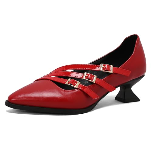 Klarmar Kitten Heel Pump Damen Pointed Toe Büroschuhe Schnalle Buro Klassische Arbeit Mid Schuhe Rot Gr 34 EU von Klarmar