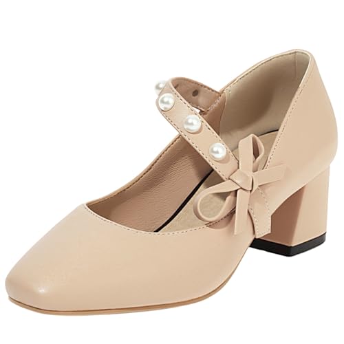 Klarmar Klassische Mary Jane Damen Runde Zehen Blockabsatz Party Elegant Mitte Absatz Pump Aprikose Gr 46 EU/48 von Klarmar