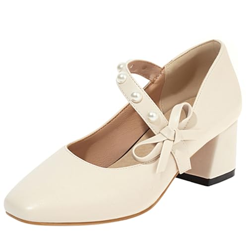 Klarmar Klassische Mary Jane Damen Runde Zehen Blockabsatz Party Elegant Mitte Absatz Pump Beige Gr 34 EU von Klarmar