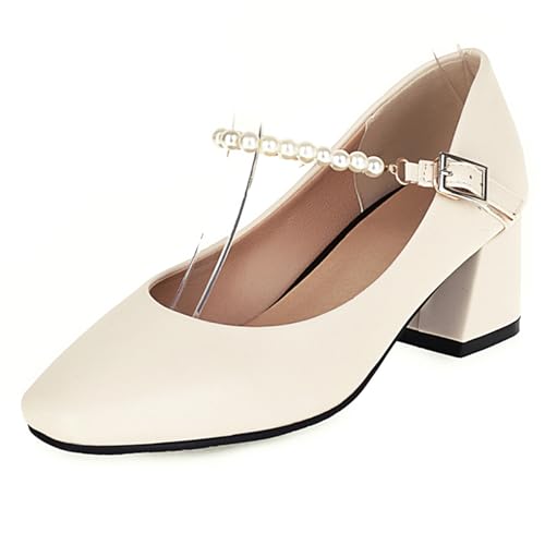 Klarmar Klassische Mary Jane Damen Runde Zehen Blockabsatz Party Elegant Mitte Absatz Pump Beige Gr 45 EU/47 von Klarmar