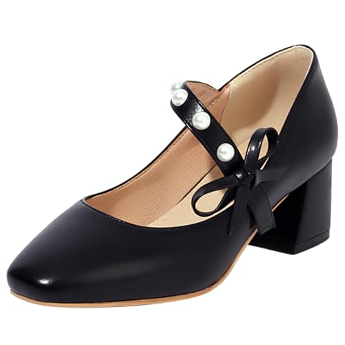 Klarmar Klassische Mary Jane Damen Runde Zehen Blockabsatz Party Elegant Mitte Absatz Pump Schwarz Gr 44 EU/46 von Klarmar