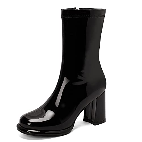 Klarmar Lack Blockabsatz Damen Runde Zehen Mode Kurzschaft Stiefel Zip Biker Mittelhohe Stiefel Buro Plateau Schwarz Gr 32 EU/21CM von Klarmar