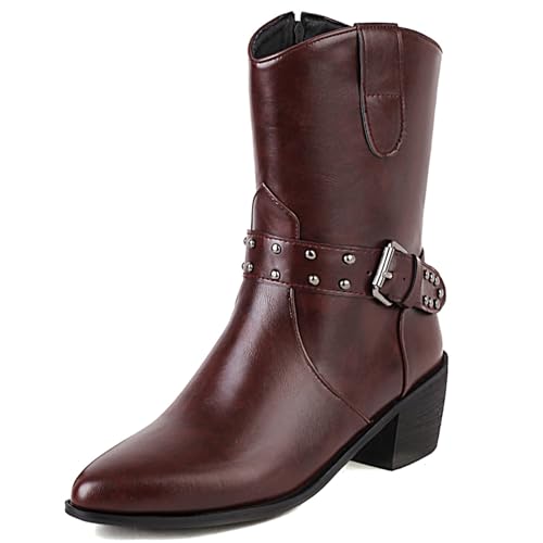 Klarmar Low Blockabsatz Stiefeletten Damen Pointed Toe Warm Schnalle Klassische Retro Stiefeletten Equestrian Stiefeletten Rot Gr 44 EU/46 von Klarmar