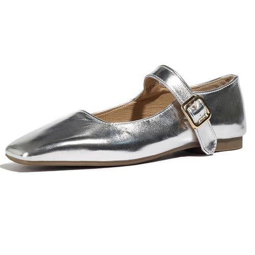 Klarmar Mary Jane Damen Flach Schuhe Pump Square Toe Party Dolly Schuhe Bride Comfy Buro Silber Gr 39 EU/40 von Klarmar