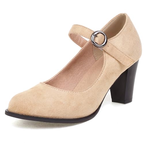 Klarmar Mary Jane Damen Runde Zehen Block Schuhe Prom Runde Zehen Klassische Schnalle High Schuhe Prom Pumps Beige Gr 35 EU von Klarmar
