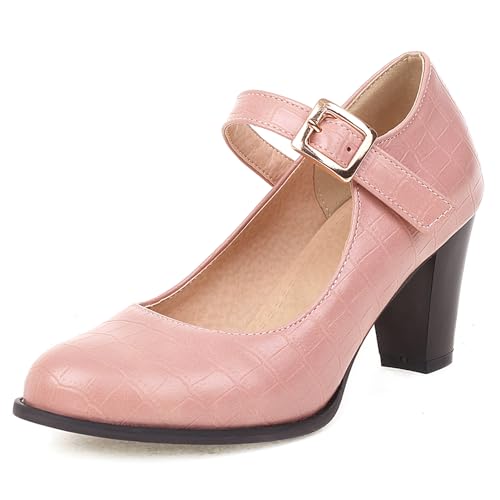 Klarmar Mary Jane Damen Runde Zehen Block Schuhe Prom Runde Zehen Klassische Schnalle High Schuhe Prom Pumps Pink Gr 36 EU von Klarmar