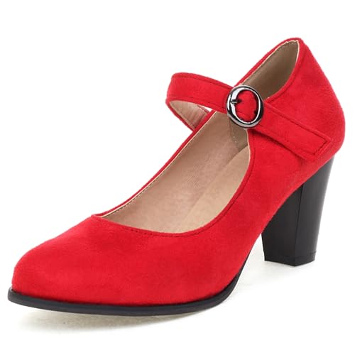 Klarmar Mary Jane Damen Runde Zehen Block Schuhe Prom Runde Zehen Klassische Schnalle High Schuhe Prom Pumps Rot Gr 40 EU/41 von Klarmar