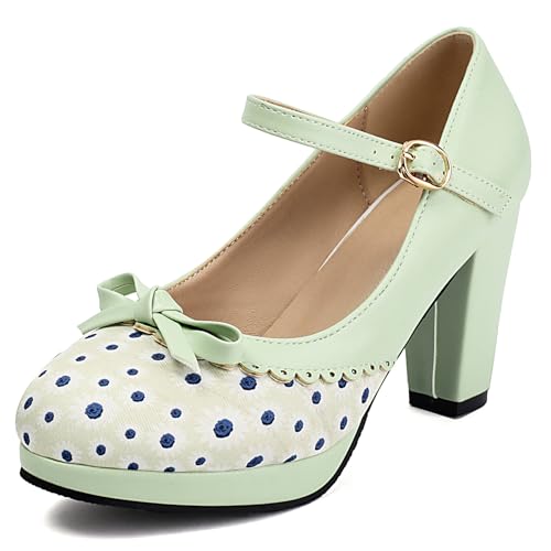 Klarmar Mary Jane Polka Dot Block Schuhe Damen Party Schuhe Schnalle Strap Sweet Grün Gr 44 EU/46 von Klarmar