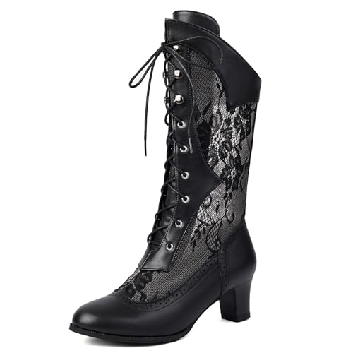 Klarmar Mesh Blockabsatz Stiefeletten Damen Runde Zehen Schnüren Buro Print Stiefeletten Party Hochzeit Schwarz Gr 36.5 EU/37 von Klarmar