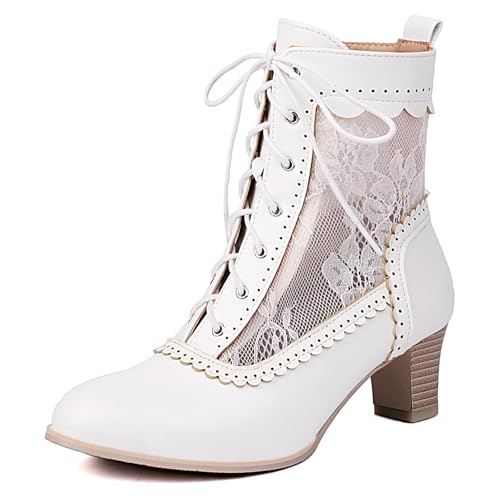 Klarmar Mesh Blockabsatz Stiefeletten Damen Runde Zehen Schnüren Buro Print Stiefeletten Party Hochzeit Weiß Gr 43 EU/45 von Klarmar