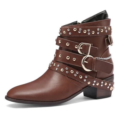 Klarmar Mode Stiefeletten Damen Blockabsatz Ankle Stiefeletten Leisure Pointed Toe Schnalle Reißverschluss Draußen Braun Gr 36 EU von Klarmar