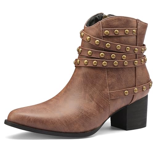 Klarmar Mode Stiefeletten Damen Blockabsatz Ankle Stiefeletten Leisure Pointed Toe Schnalle Reißverschluss Draußen Braun Gr 40 EU/41 von Klarmar